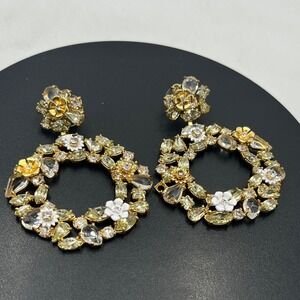 J.‎ Crew Floral Hoop Circles White Enamel Gold Tone Crystal Stud
Dangle Earrings